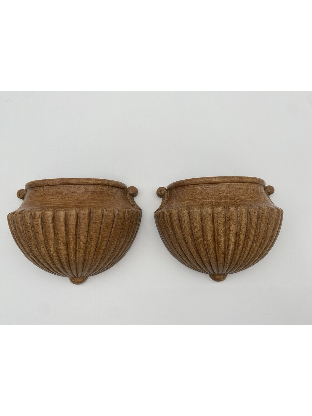 Homco Ribbed Brown Hanging Wall Decor Planter Pair - VTG 1982 - Faux Wood